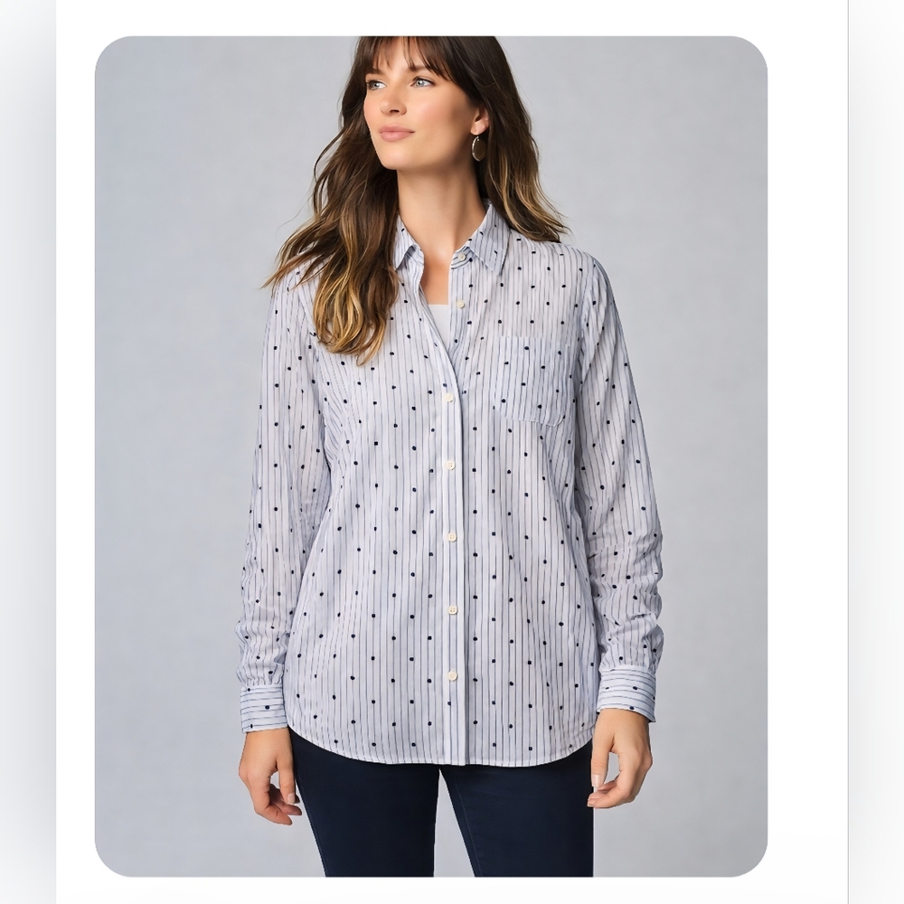 J. Jill Collared Shirt One Pocket Size 2X Semi-sheer Blue Stripe Dots Button Up